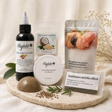 Produits naturels pour cheveux crépus réunis dans le Pack Découverte Kaylabé pour tester plusieurs étapes d’une routine capillaire